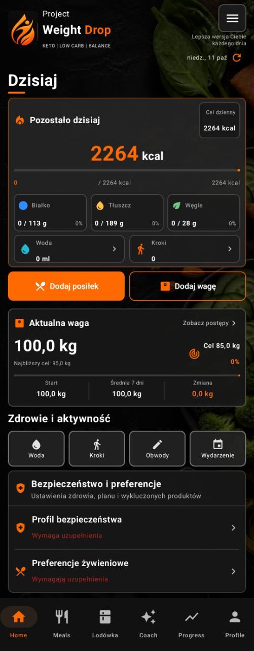 Ekran główny aplikacji Project Weight Drop