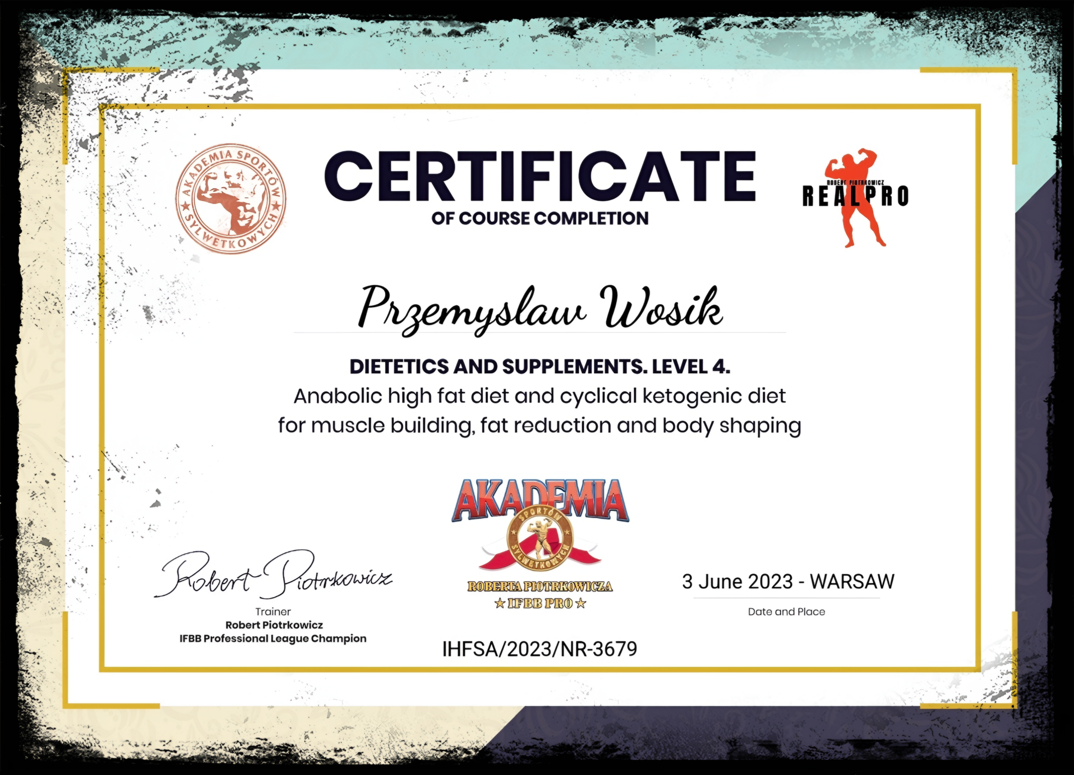 Certyfikat Dietetyka i Suplementacja Level 4 - Przemysław Wosik